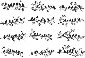 Birds On Tree Branch silhouette vector set