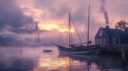 Misty harbor scene at dawn with vintage sailing vessel.