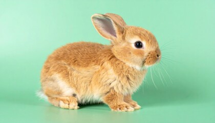 Obraz premium A cute brown rabbit sits on a pastel green background, looking to the right with alert ears and bright eyes.