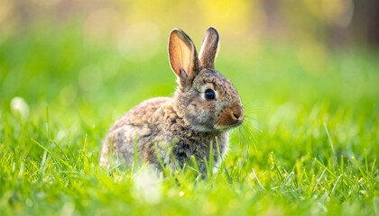 A small brown rabbit sits in green grass with a blurred natural background, appearing alert and curious.