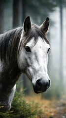Fototapeta premium Majestic gray horse stands in a misty forest surrounded by tall trees and soft greenery during early morning light