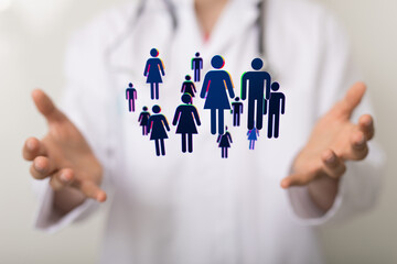 Image of a doctor's hands gently holding a network of diverse people icons, representing...