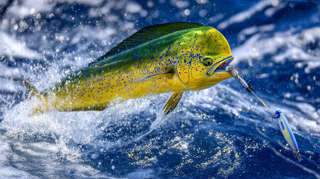 Mahi Mahi Leaping from Ocean Water with Fishing Lure