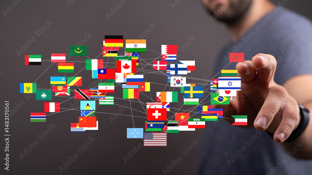 Aufkleber A man interacts with a digital display showing interconnected flags representing global networking and international relations.
