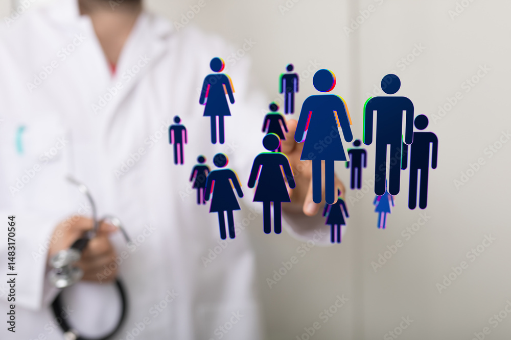 Aufkleber image of a doctor interacting with digital patient icons, representing healthcare network and patien