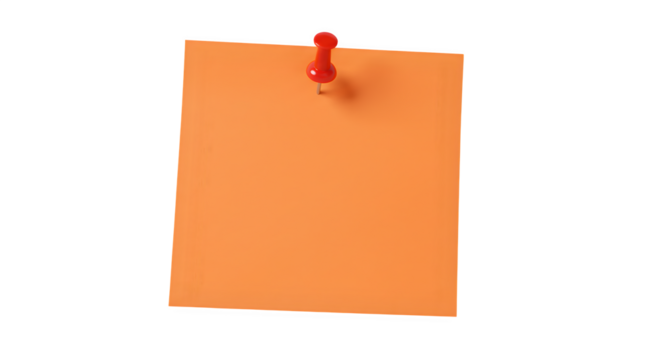 Orange Sticky Note with Red Pushpin Isolated on White Background, Pinned Sticky Note for Reminder isolated on white background, Sticky Note with Pushpin PNG image