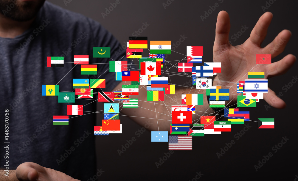 Aufkleber Image of interconnected flags representing global partnerships and international relations.