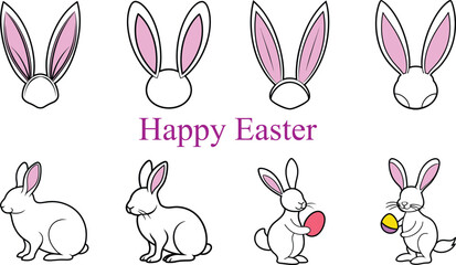 Bunny easter line art clipart set, Easter Bunny with egg, bunny ear. Concept of Happy Easter.