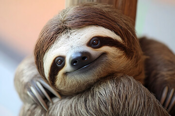 Fototapeta premium Peaceful Three-Toed Sloth Resting on Lush Tropical Tree Branch