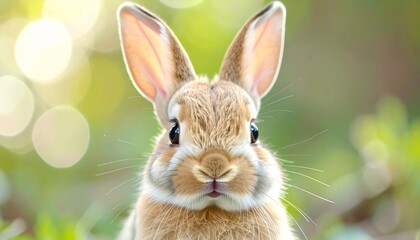 Obraz premium A cute brown rabbit with big ears sits in soft, natural light against a blurred green background.