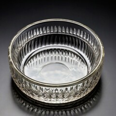 A detailed clear glass bowl featuring intricate etching, illuminated by studio lighting to highlight its refined craftsmanship. Perfect for concepts of elegance, simplicity, and functional artistry.