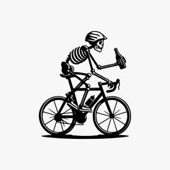 Active skeletal figure pedaling detailed bicycle with exposed mechanical parts cycling vector emblem