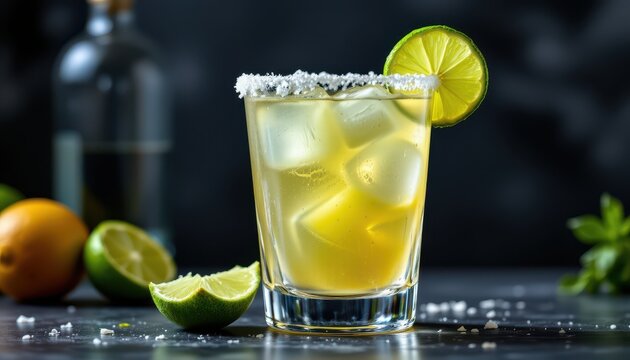 margarita cocktail in a margarita glass with salt rim and lime slice. digital illustration of tequila, triple sec, lime juice, and optional syrup drink