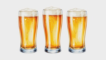 three glasses of light beer with frothy head and bubbles. watercolor illustration of pale lager and pilsner in different pint glasses isolated on white background. alcoholic beverage variety