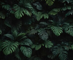 Bold, shadowy tropical foliage, abstract dark green design  Black accents , bold, aesthetic, backdrop