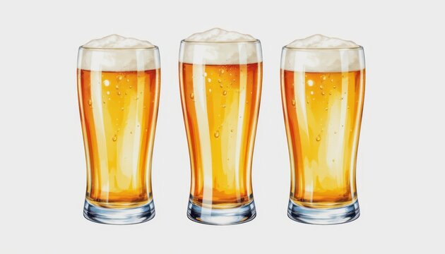three glasses of light beer with frothy head and bubbles. watercolor illustration of pale lager and pilsner in different pint glasses isolated on white background. alcoholic beverage variety