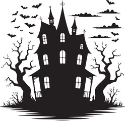 Haunted house with bats and spooky trees, Halloween silhouette of creepy ghost mansion in eerie dark forest scene