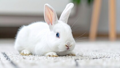 A cute white rabbit with blue eyes lies on a soft, light-colored carpet indoors, looking alert and curious.