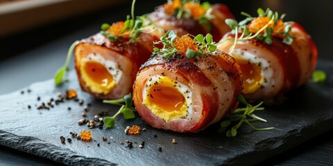 Creative gastronomic delight featuring bacon-wrapped eggs with herbs and garnishes on a dark slate plate