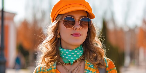 photo of young woman wearing modern spring fashion 