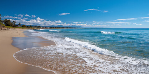 Gentle beach waves under a partly cloudy sky