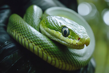 Fototapeta premium Vibrant Smooth Green Snake Resting in Lush Forest Foliage
