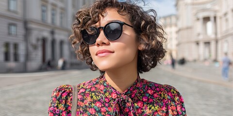 photo of young woman wearing modern spring fashion 