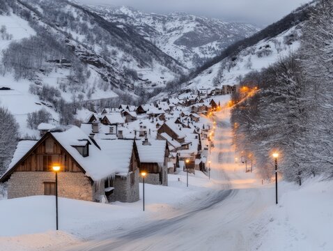 Snowy village at dusk winter landscape serene environment aerial view