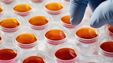 Biotech engineer reviewing cell culture samples, white
