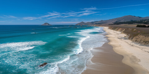 Remote beach with turquoise waves and mountain view