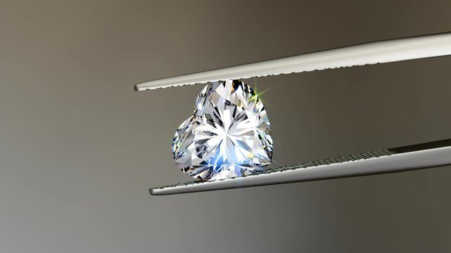 Heart cut diamond swaying in tweezers on beige background. 3D seamless animation