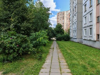 The city street is lined with high-rise living buildings. There is a concrete tile path nearby, and chestnut, acacia and other deciduous trees grow on the grassy lawns. Sunny summer weather
