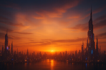 Obraz premium A glowing futuristic city skyline at sunset, soft golden neon glow, epic inspirational atmosphere