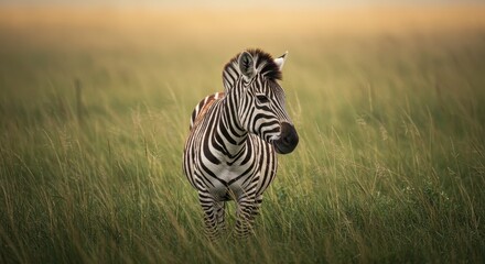 Fototapeta premium Zebra in Tall Grassland - A lone zebra stands amidst tall, green grass, its stripes contrasting beautifully against the natural background