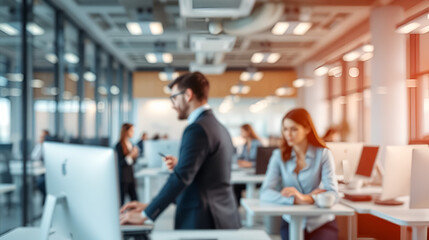 Modern abstracted office interior with busy professionals working against blurry backdrop for compositional balance and focus on key elements