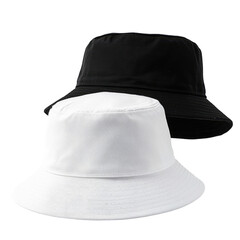 Two blank bucket hats, one black, one white