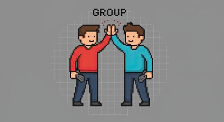 Pixel Art Gamers High Five Teamwork Success