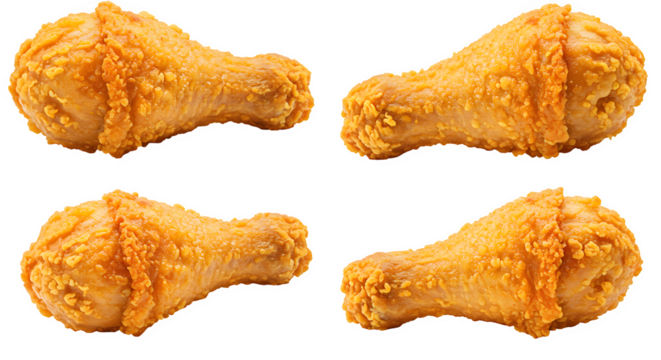 set of 4 Crispy Fried Chicken Drumsticks Isolated on White background, Golden Crunchy Fried Chicken Pieces on white background, crispy fried chicken pieces