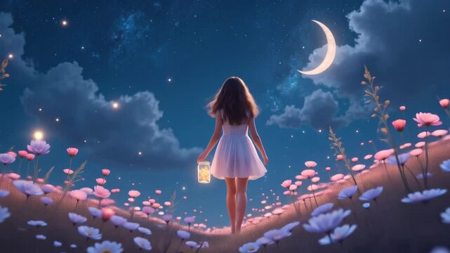 A woman is walking through a field of flowers at night