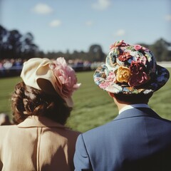 A couple of attendees at a horse race, wearing fancy hats.