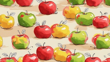 A repeating pattern of apples in red, green, and yellow hues with sketch-like black outlines