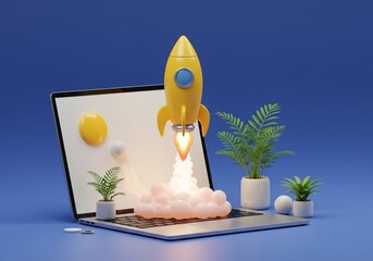 青背景 元気な黄色ロケット PCから発射