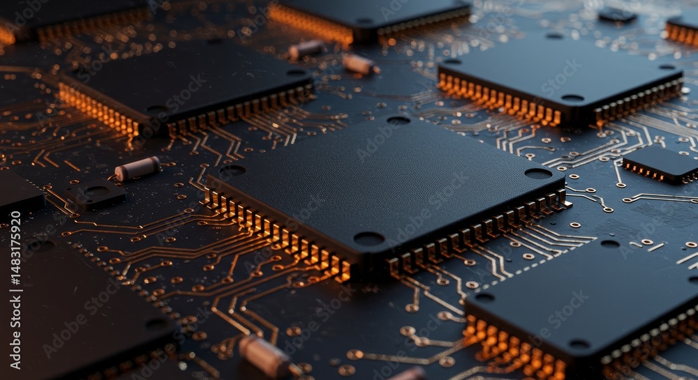 Poster advanced microchip technology - close-up view of intricate microchips on a circuit board, showcasing