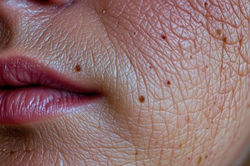 Fototapeta premium Close-up Wrinkled Skin: A close-up of a person's face, showcasing the texture of wrinkled skin and freckles. This photo captures the natural beauty of aging.