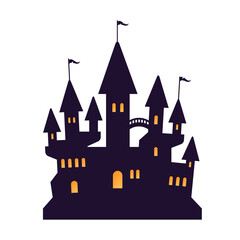 Cartoon Halloween Spooky Castle silhouette Isolated Icon, Creepy Poster. Vector illustration. Horror night holiday spooky background. Witch haunted house graveyard banner