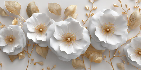 White paper roses with golden leaves in close-up view