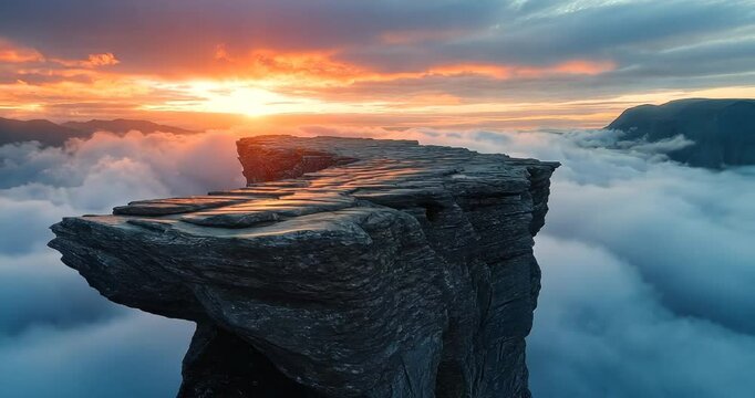 A breathtaking aerial view of Trolltunga cliff during a vibrant sunset, with clouds below.