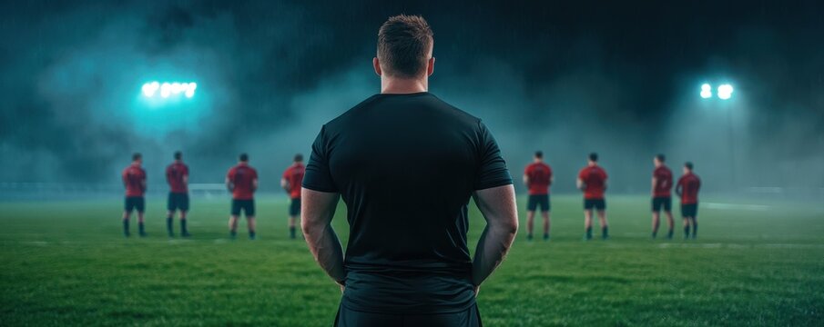 A coach stands on a floodlit field watching a team of players in red jerseys line up, ready for a night game. - Powered by Adobe