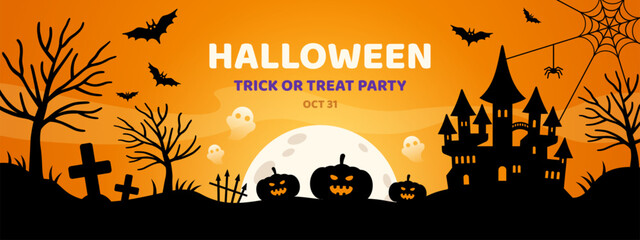Happy Halloween landscape poster banner, black scary castle silhouette on orange background, full moon, cemetery, pumpkins and ghosts. Vector illustration. Witch haunted house graveyard, spider web