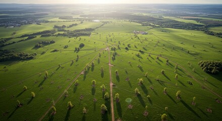 Fototapeta premium Aerial View of Reforestation Project on Green Land - Aerial view showcasing a reforestation initiative, symbolizing environmental sustainability, conservation efforts, nature restoration